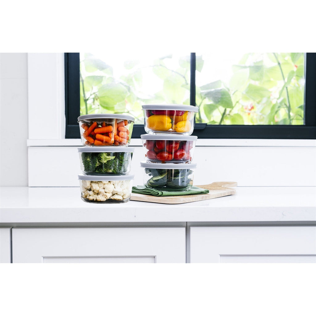 12 piece round glass food storage containers with grey airtight lids on kitchen counter — view 2