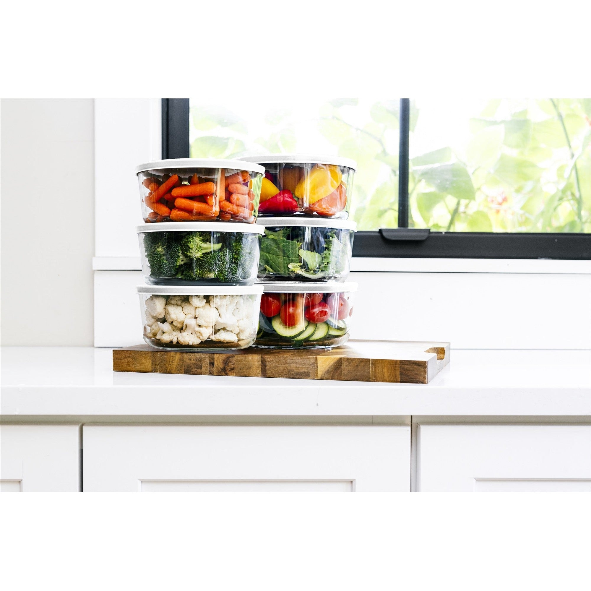 12-piece round borosilicate glass food storage container set with airtight white lids for meal prep — view 2