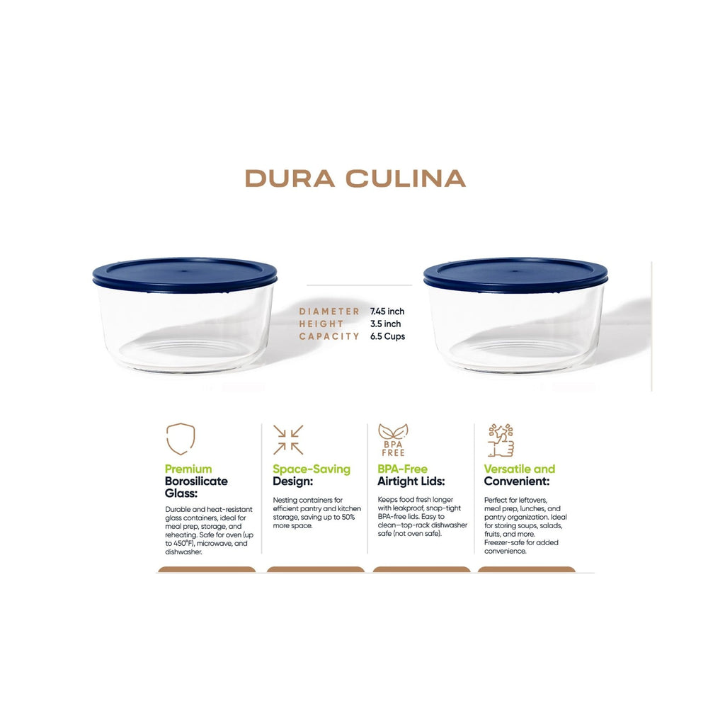 Four piece round glass food storage container set with airtight blue lids for kitchen meal prep — view 2