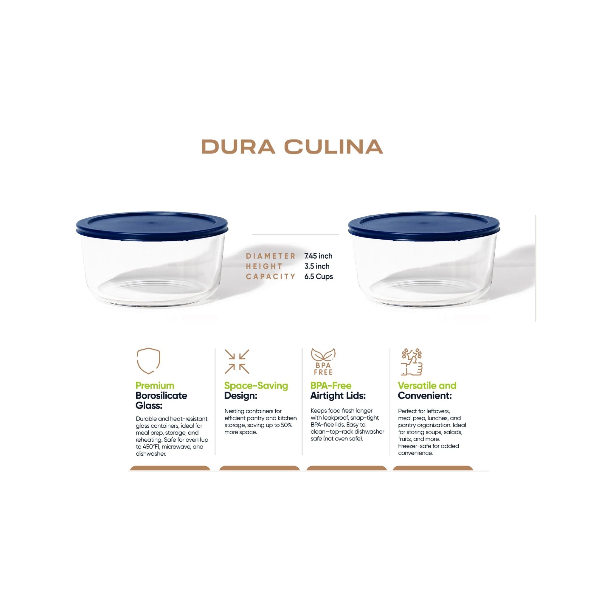 Four piece round glass food storage container set with airtight blue lids for kitchen meal prep — view 2