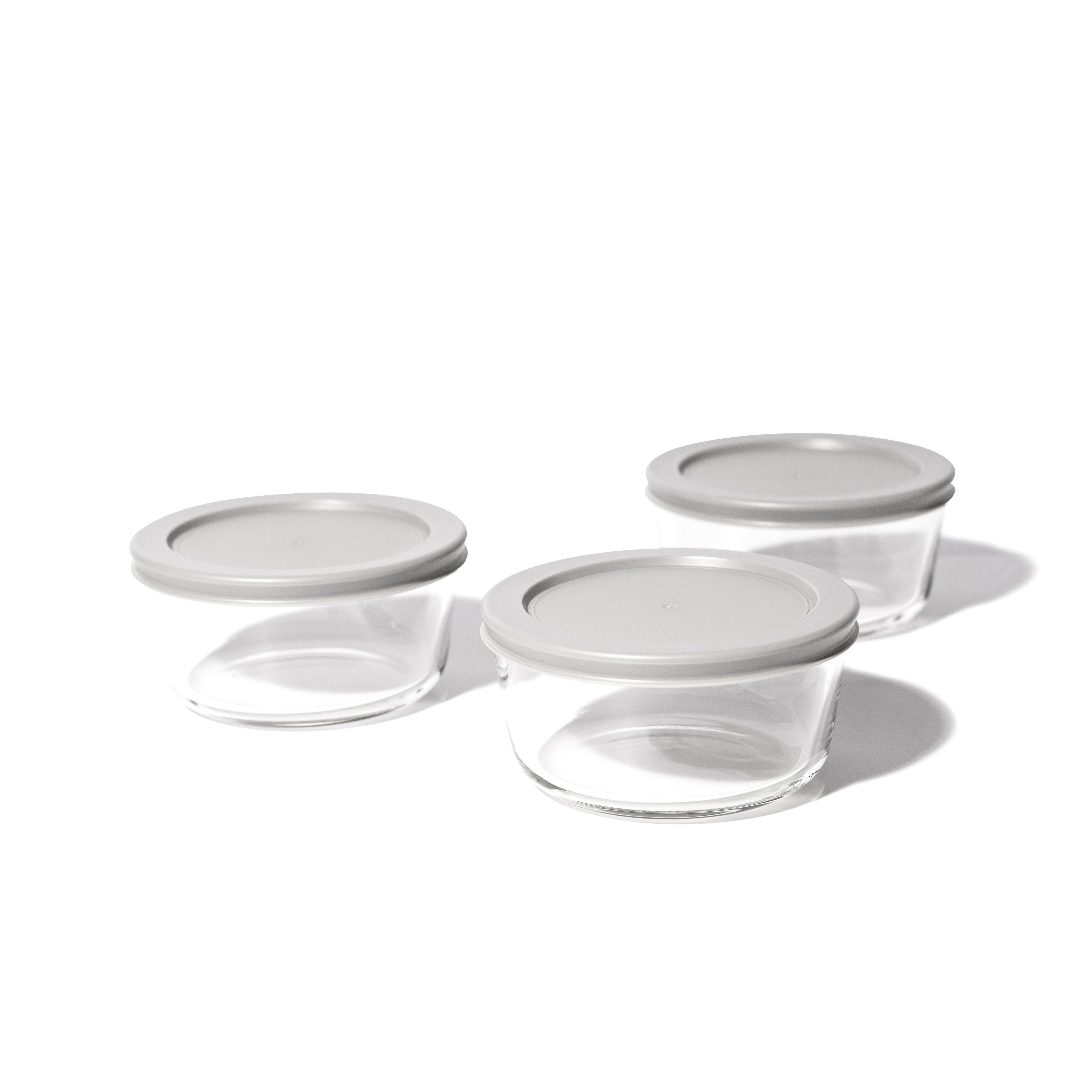 16oz round glass food storage containers with grey airtight lids arranged for kitchen meal prep — view 2