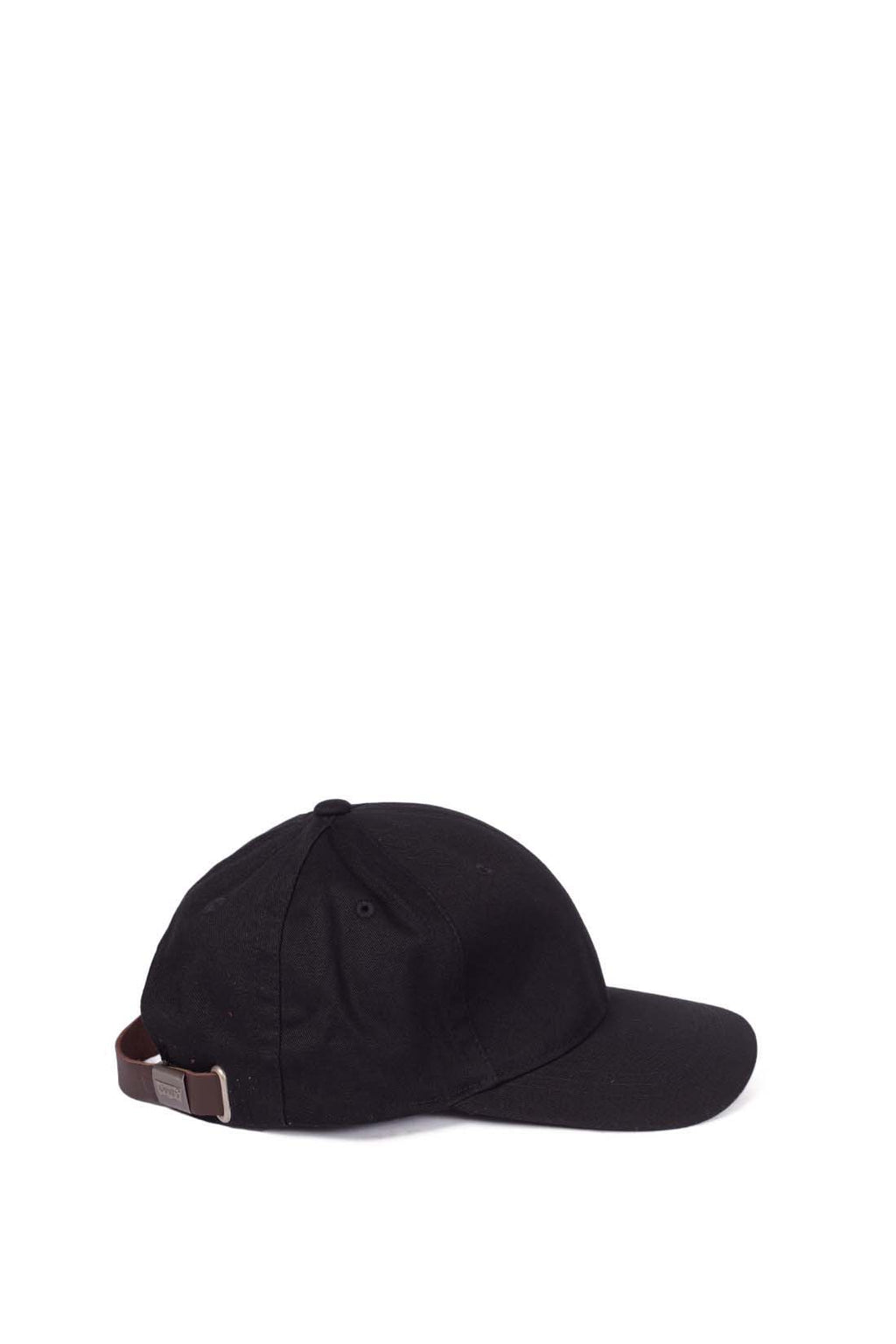 Men's black pure cotton twill baseball cap with faux-leather adjustable strap and front logo label — view 6