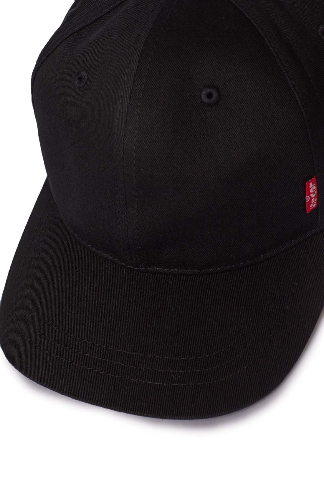 Men's black pure cotton twill baseball cap with faux-leather adjustable strap and front logo label — view 5