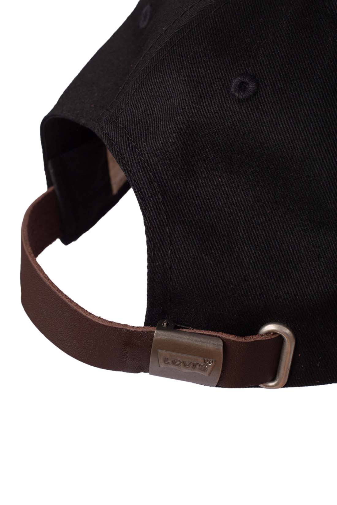 Men's black pure cotton twill baseball cap with faux-leather adjustable strap and front logo label — view 4