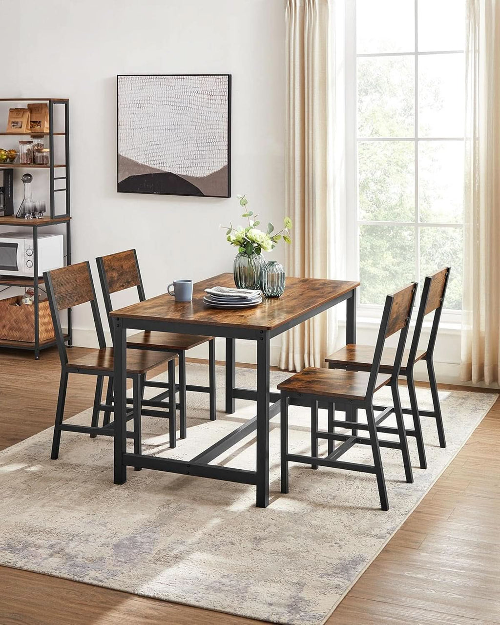 Four rustic brown wooden dining chairs with black industrial metal frames and ergonomic angled backrests — view 3