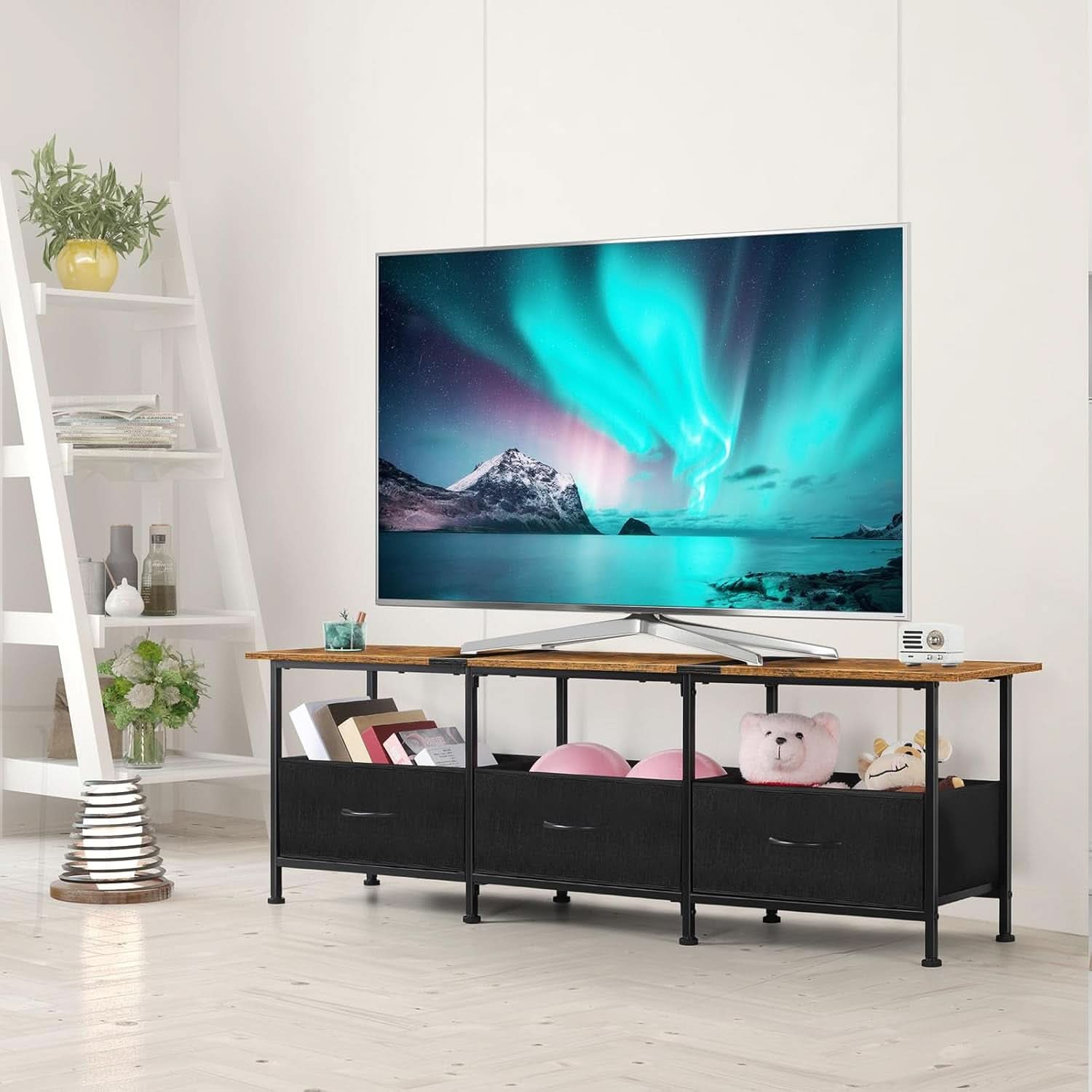 Brown industrial TV stand with metal frame, wood top, open shelves, and fabric storage drawers. — view 3