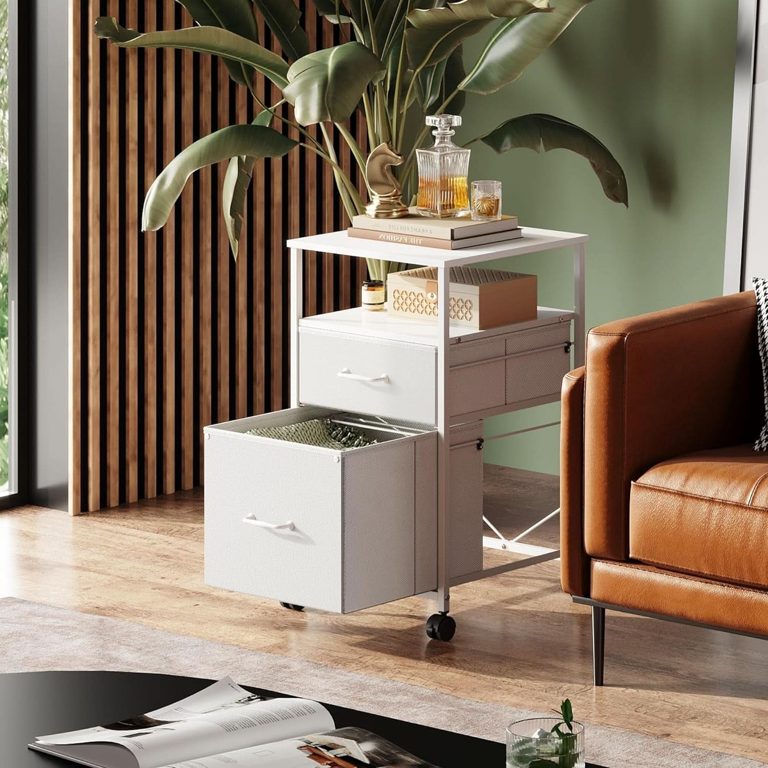 White 2-drawer vertical filing cabinet and mobile printer stand with wooden top and fabric drawers — view 2