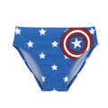 Avengers baby swimsuit with Captain America pattern in blue and red for toddlers