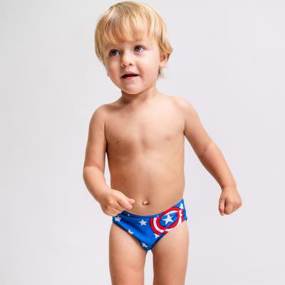 Captain America Avengers baby swimsuit bottoms featuring vibrant blue fabric and iconic superhero shield patterns — view 2