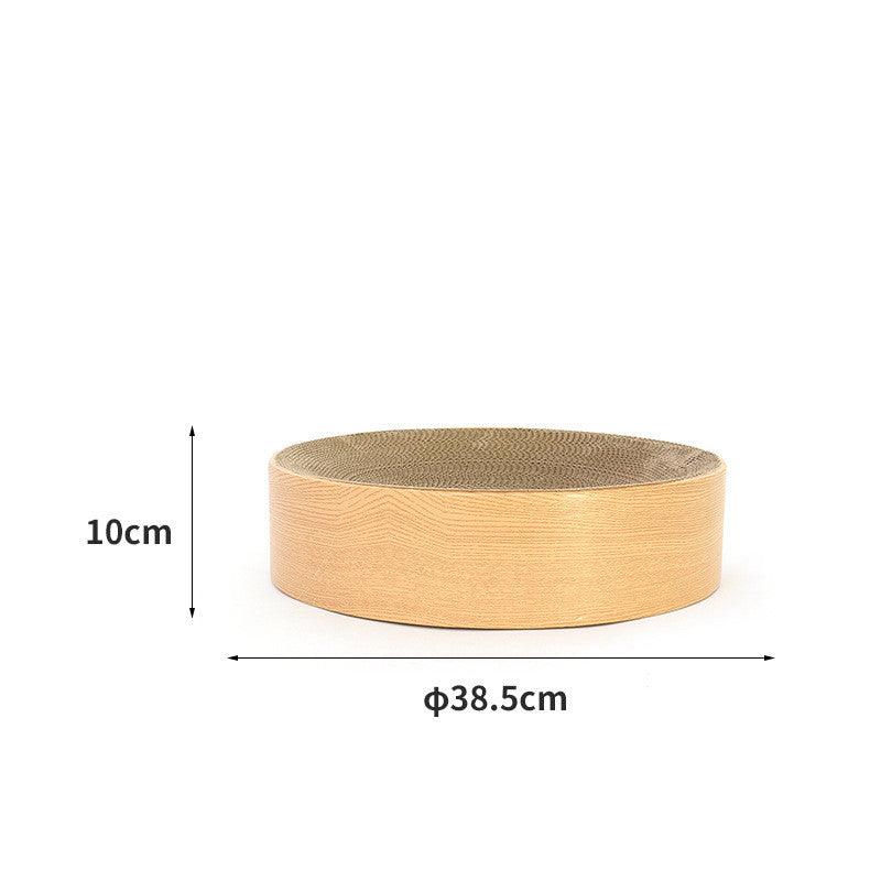 Round corrugated cat scratcher with wooden frame serving as a modern indoor pet lounge — view 4