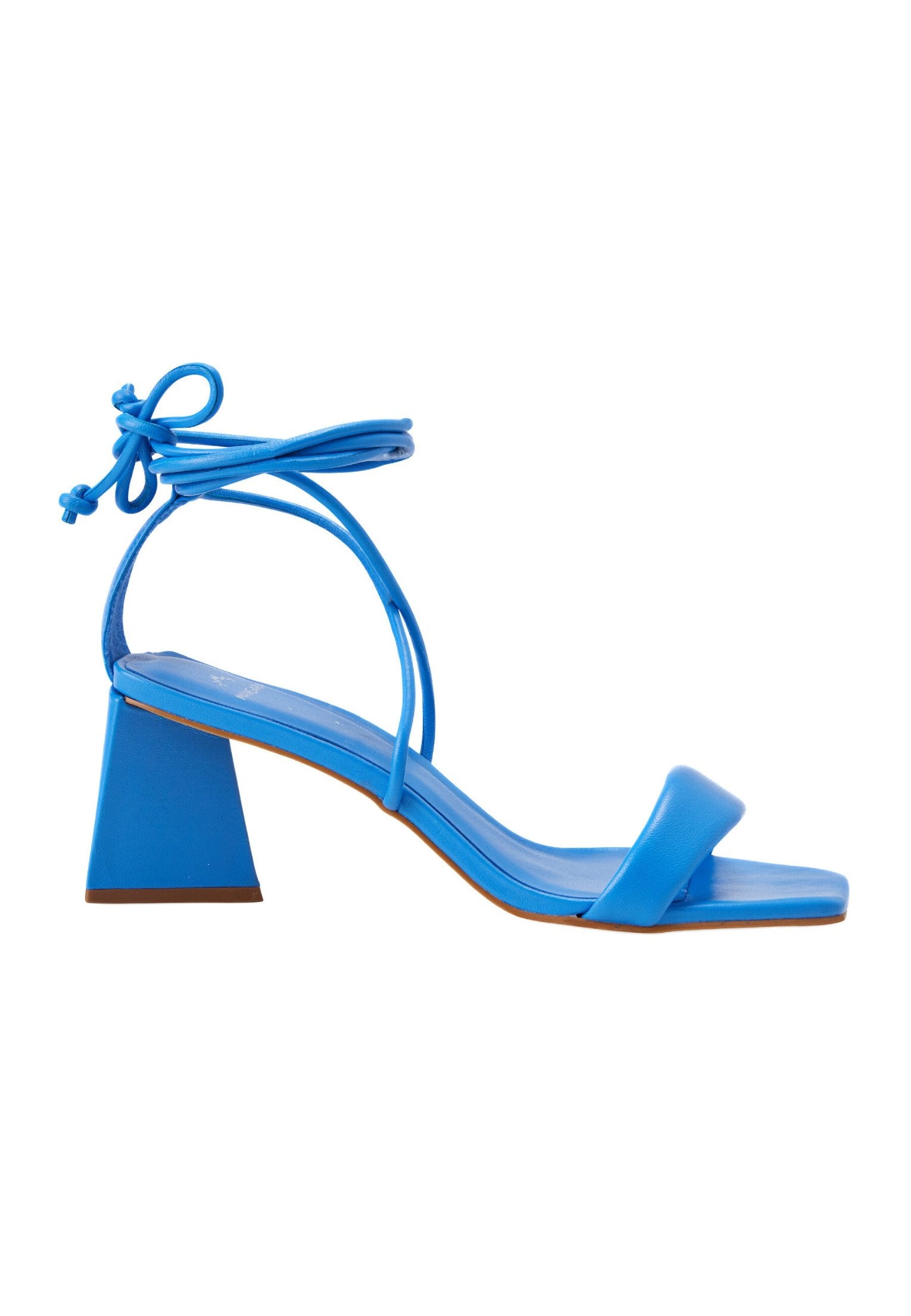 Women's blue calf leather strappy sandals with 6.5cm block heel and slim elegant silhouette