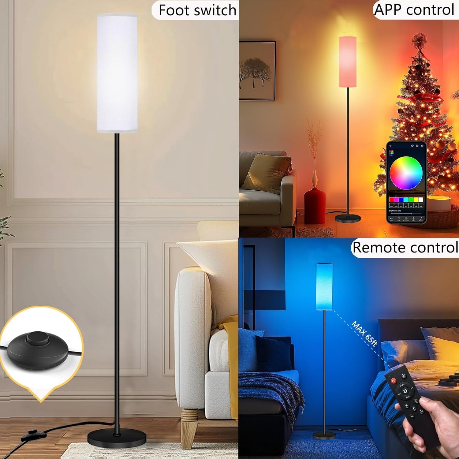 Tall smart LED floor lamp with black pole, white shade, and RGB color changing ambient light — view 3