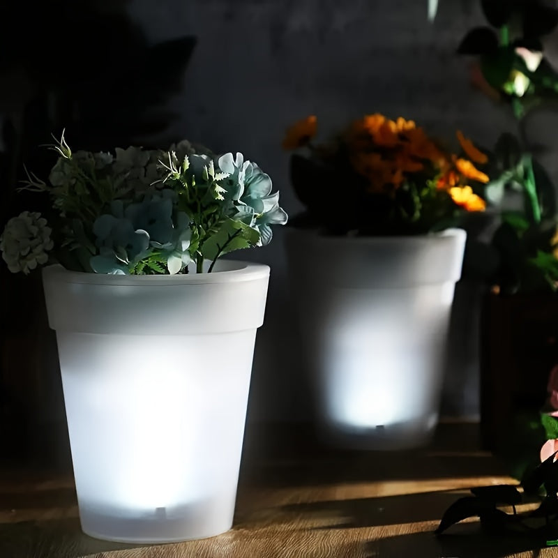 White flush mount outdoor solar LED garden pot light spotlight with polished plastic finish. — view 3