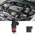 Automotive fuel injector replacement part in metal and plastic for precise engine compartment fuel delivery