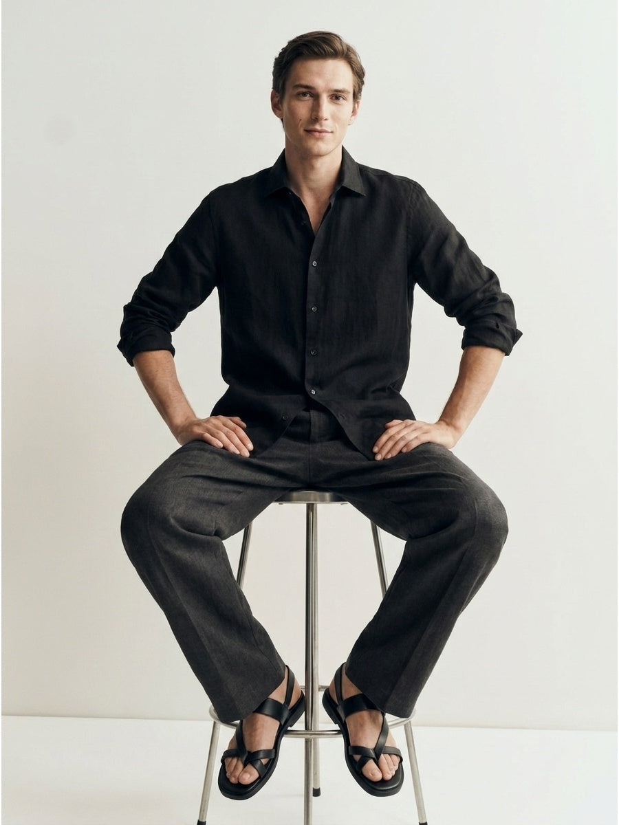 Men's classic black trousers made from pure Italian linen, capsule collection premium design.