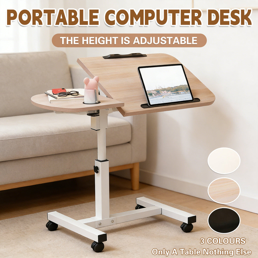 Portable adjustable height rolling laptop desk with tilted wood grain tabletop metal frame and caster wheels