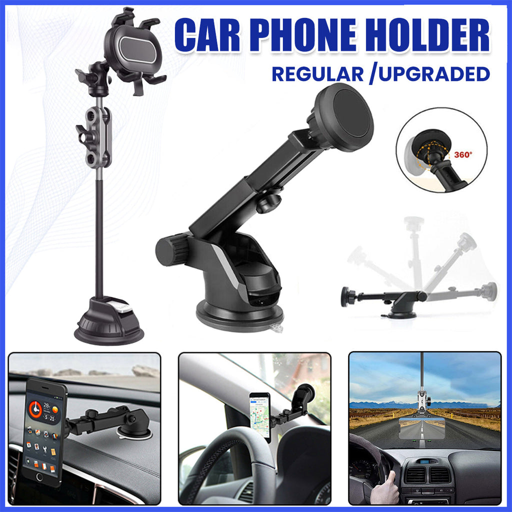 Black adjustable car phone holder with suction cup base and telescopic arm for secure dashboard mounting