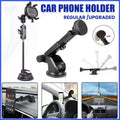 Black adjustable car phone holder with suction cup base and telescopic arm for secure dashboard mounting