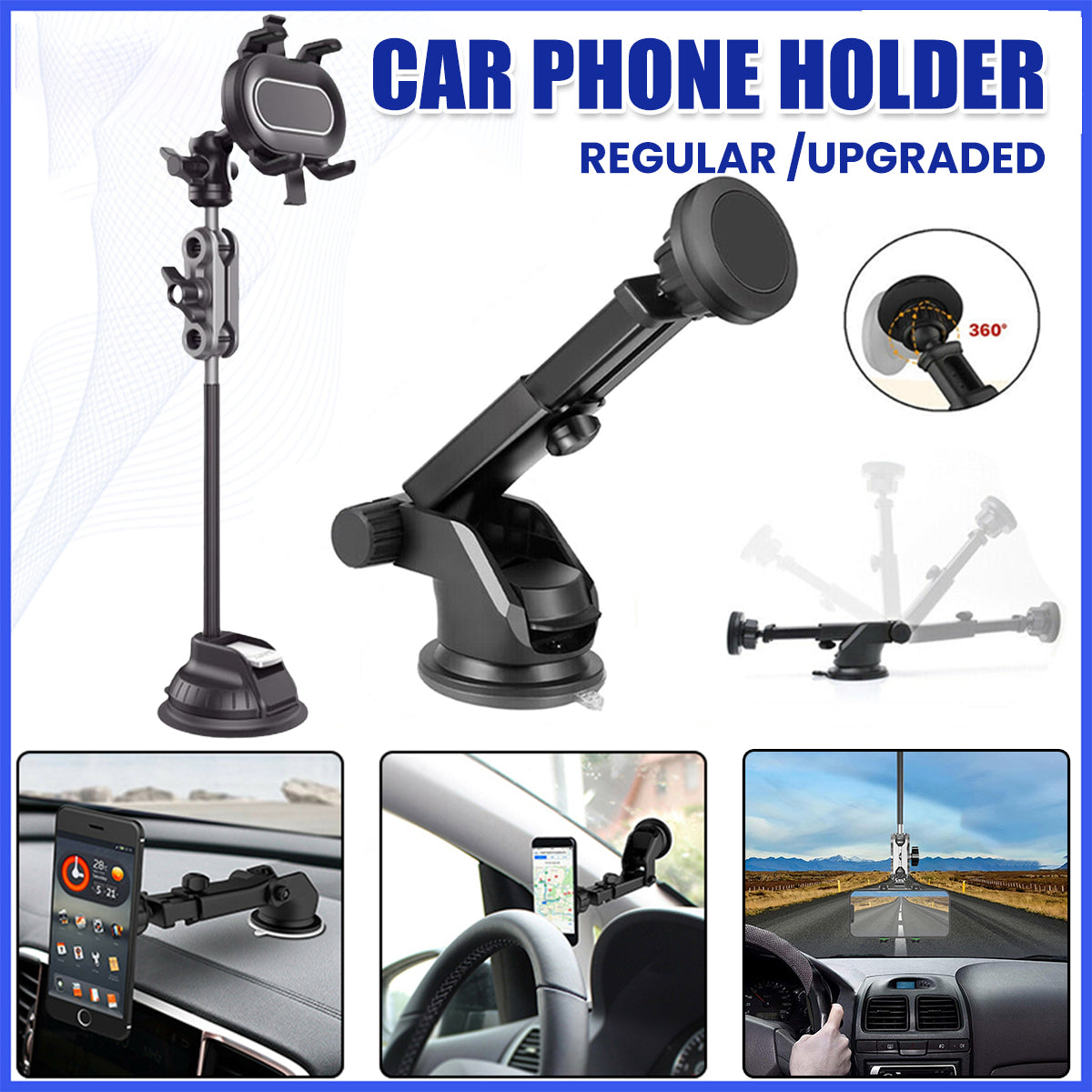 Black adjustable car phone holder with suction cup base and telescopic arm for secure dashboard mounting