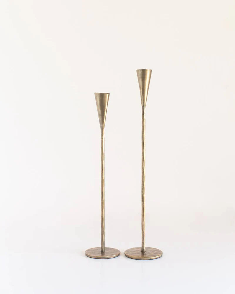 Hand-forged iron candle stands, set of two black metal taper candle holders with weighted bases — view 2
