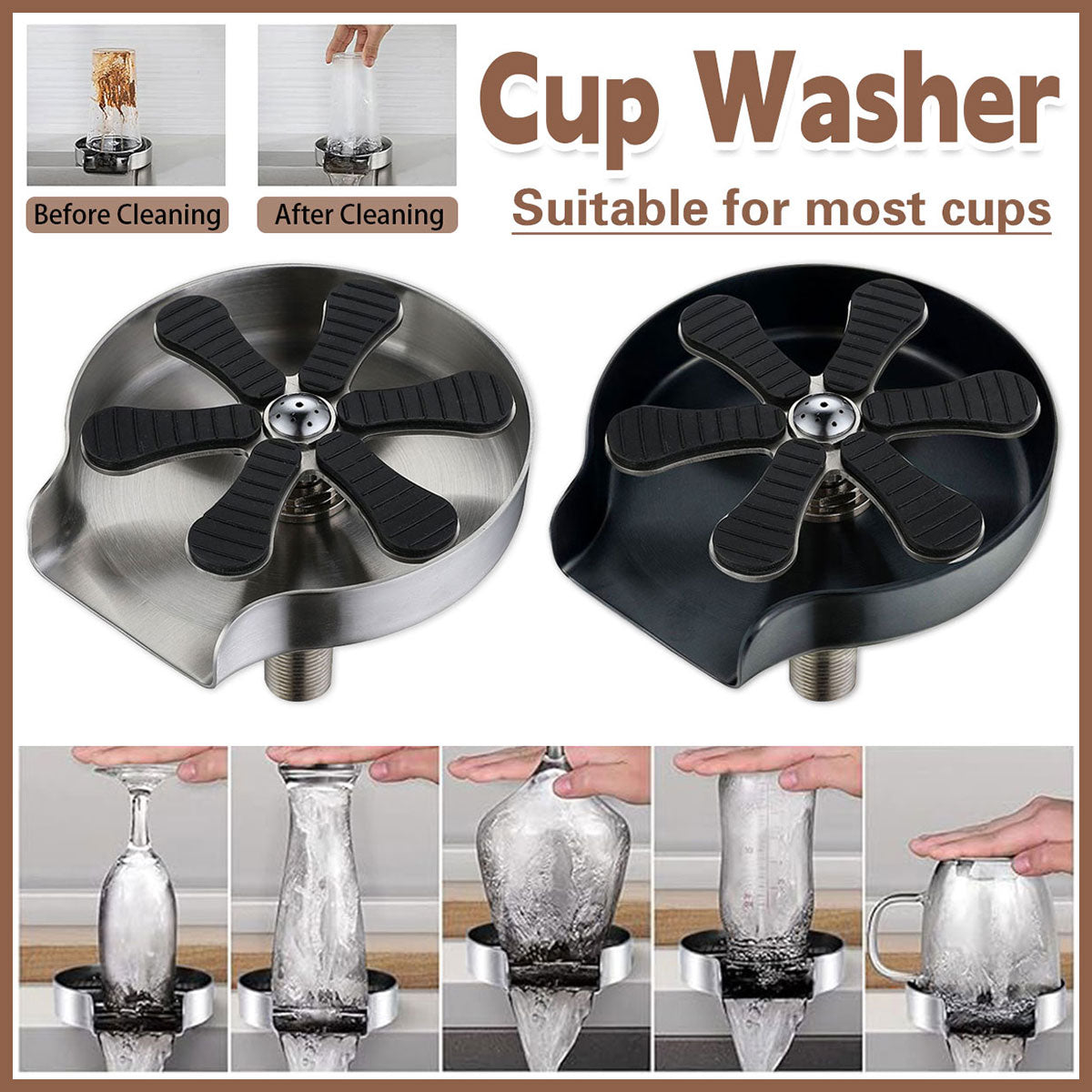 Stainless steel automatic glass rinser sink attachment with cup and water spray