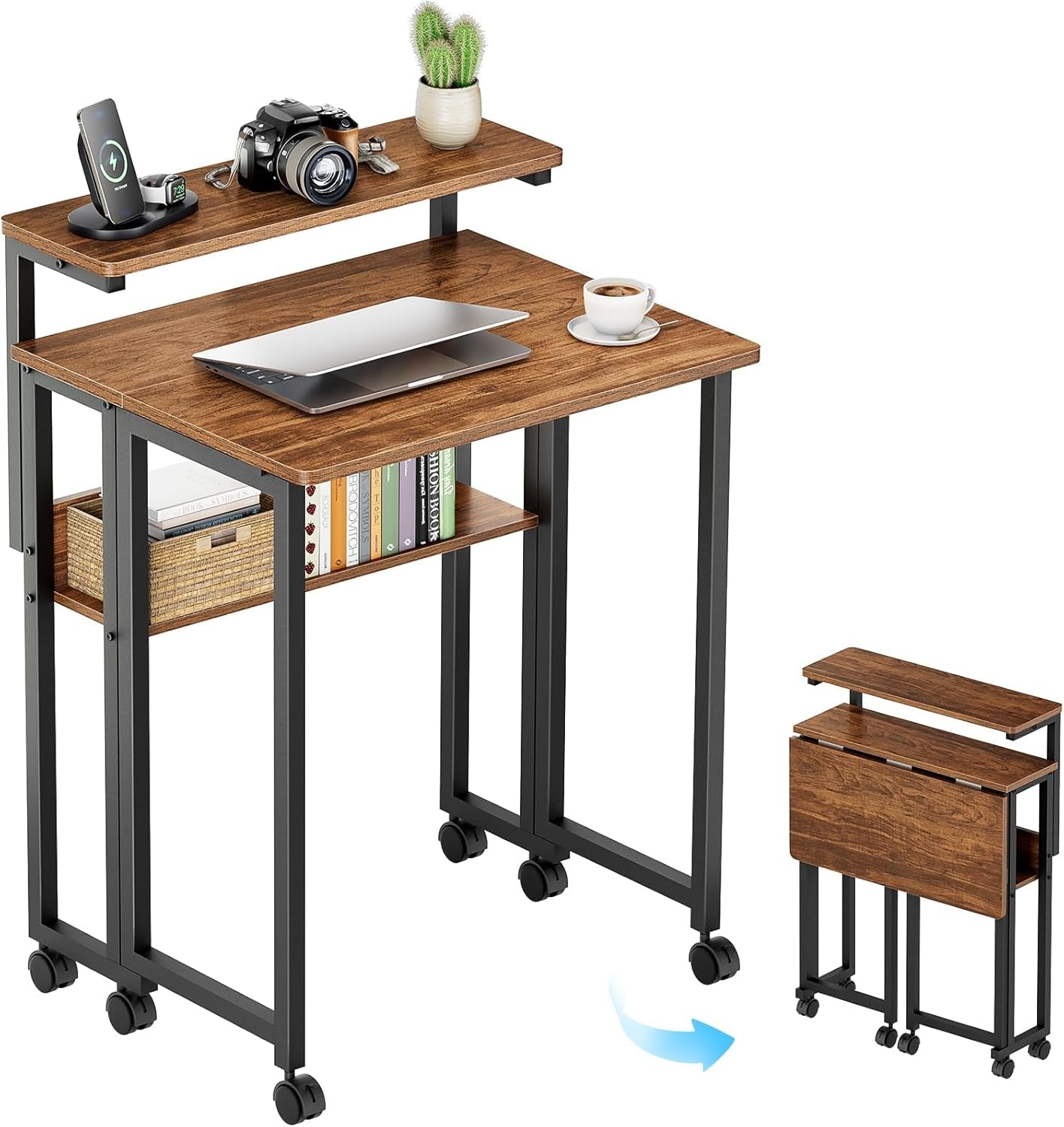 Walnut foldable desk with adjustable monitor stand, storage shelf, and lockable caster wheels.