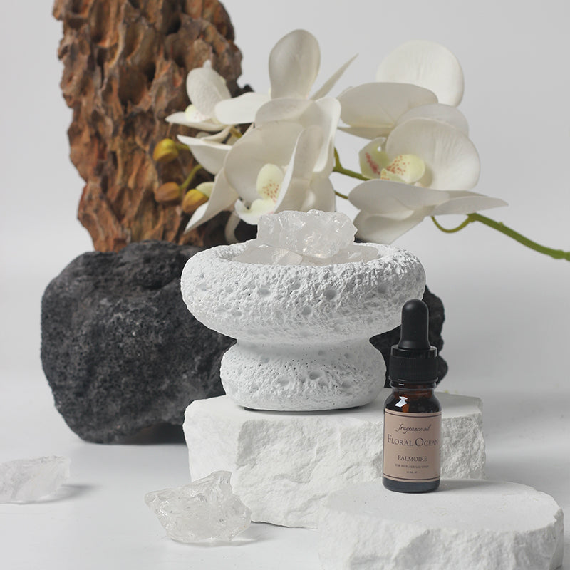 White moon elegant home fragrance diffuser with floral ocean oil set in minimalist setting — view 5