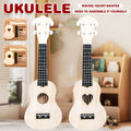 Unassembled 21-inch blank wood DIY ukulele kit with neck, fretboard, strings, and heart sound hole
