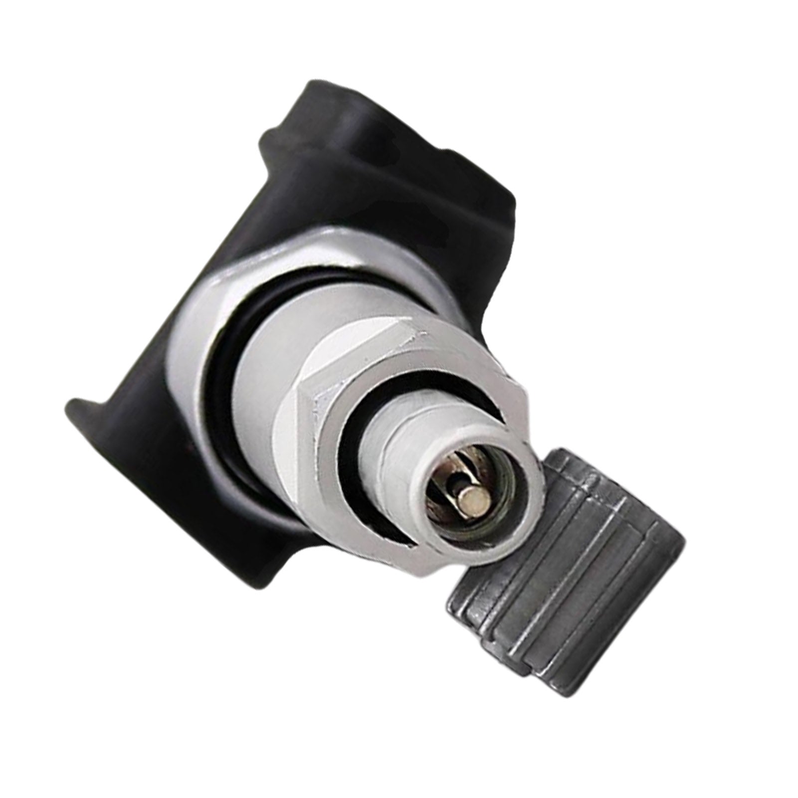 Four black metal and plastic tire pressure monitoring sensors with screw-in mounts for vehicles — view 5