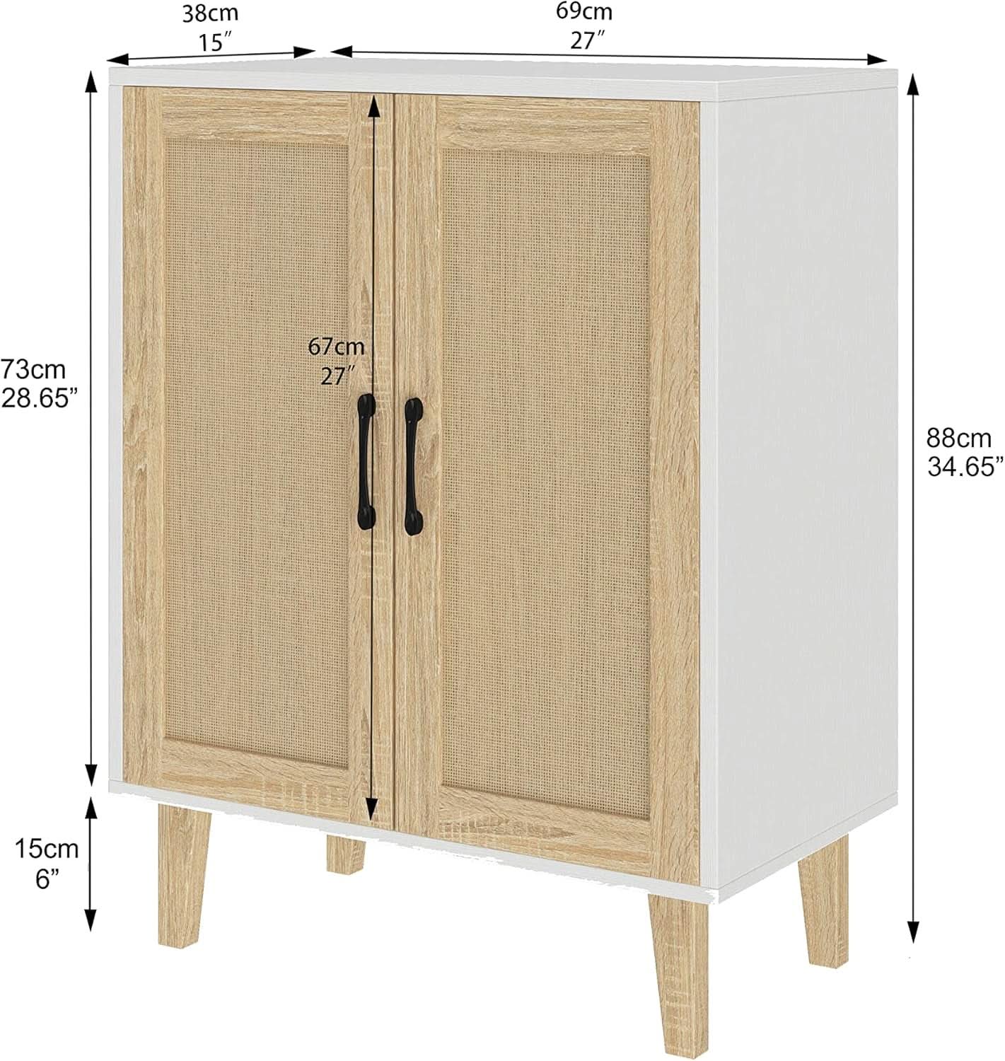 White rattan buffet cabinet sideboard with two natural woven doors and alloy handles — view 3