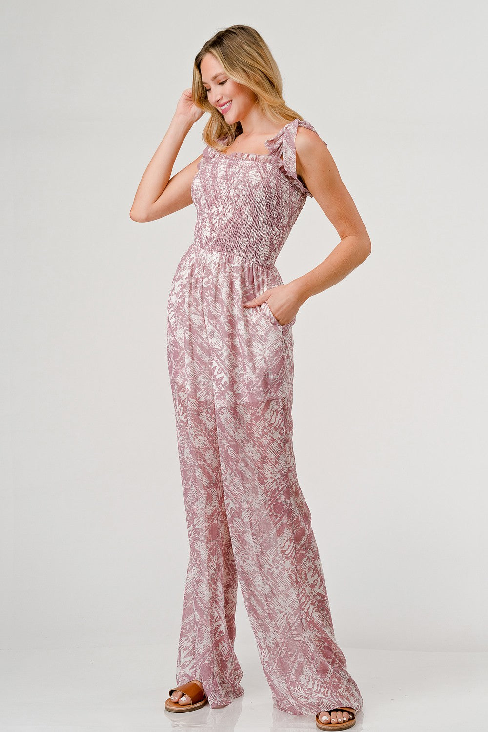 Printed tie shoulder wide leg jumpsuit in lightweight rayon with pockets and smocked details — view 3