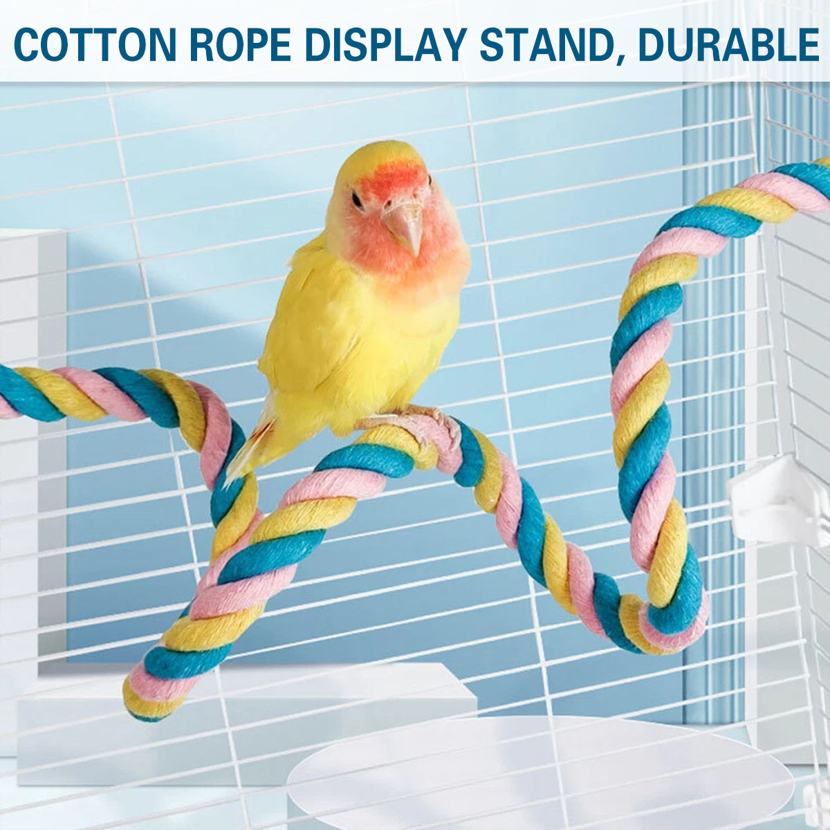 Flexible multicolour U-shaped cotton rope bird perch and climbing toy with metal screw attachments. — view 5