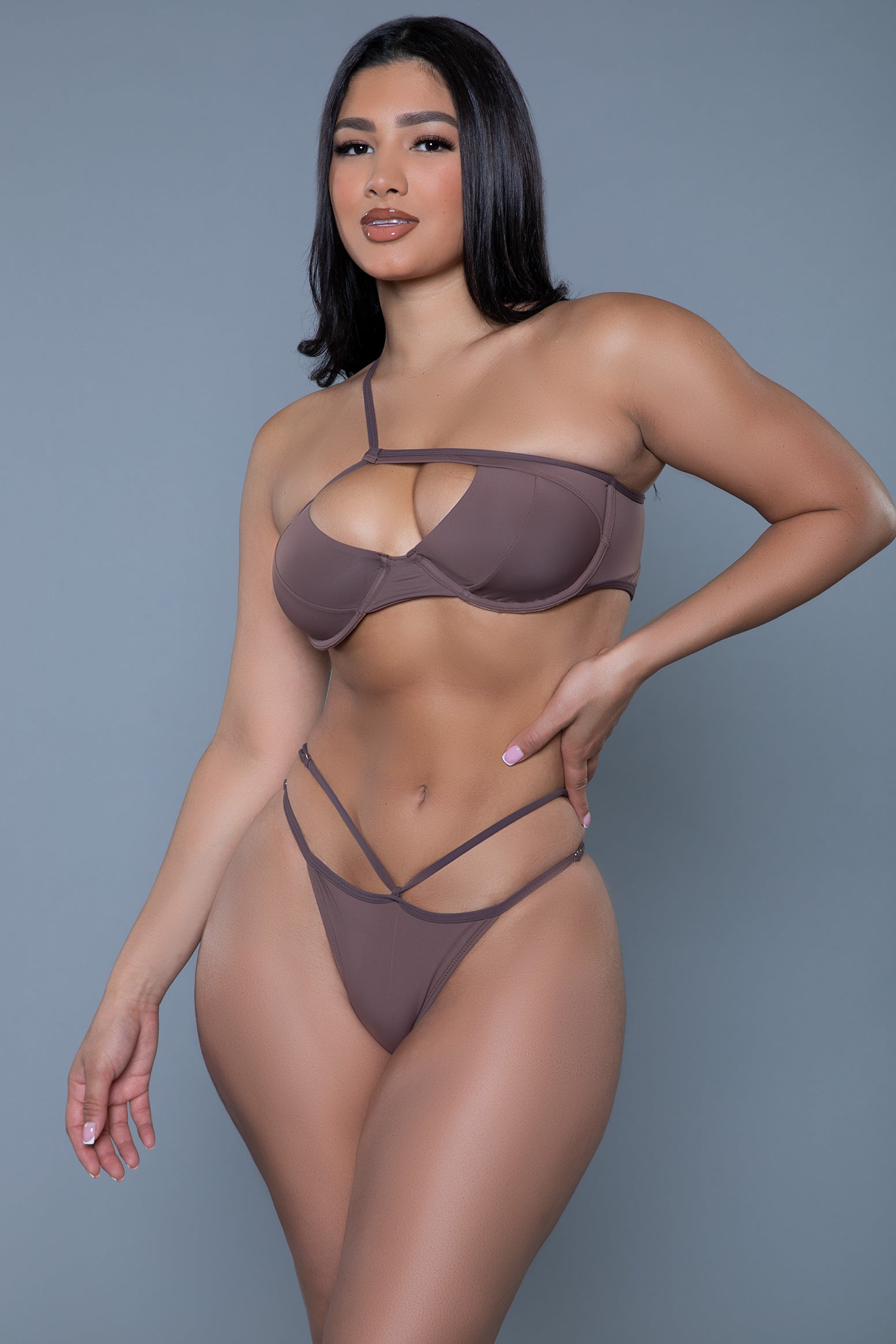 Ava one-shoulder bikini set with strappy details keyhole padded top and Brazilian cut bottom — view 3