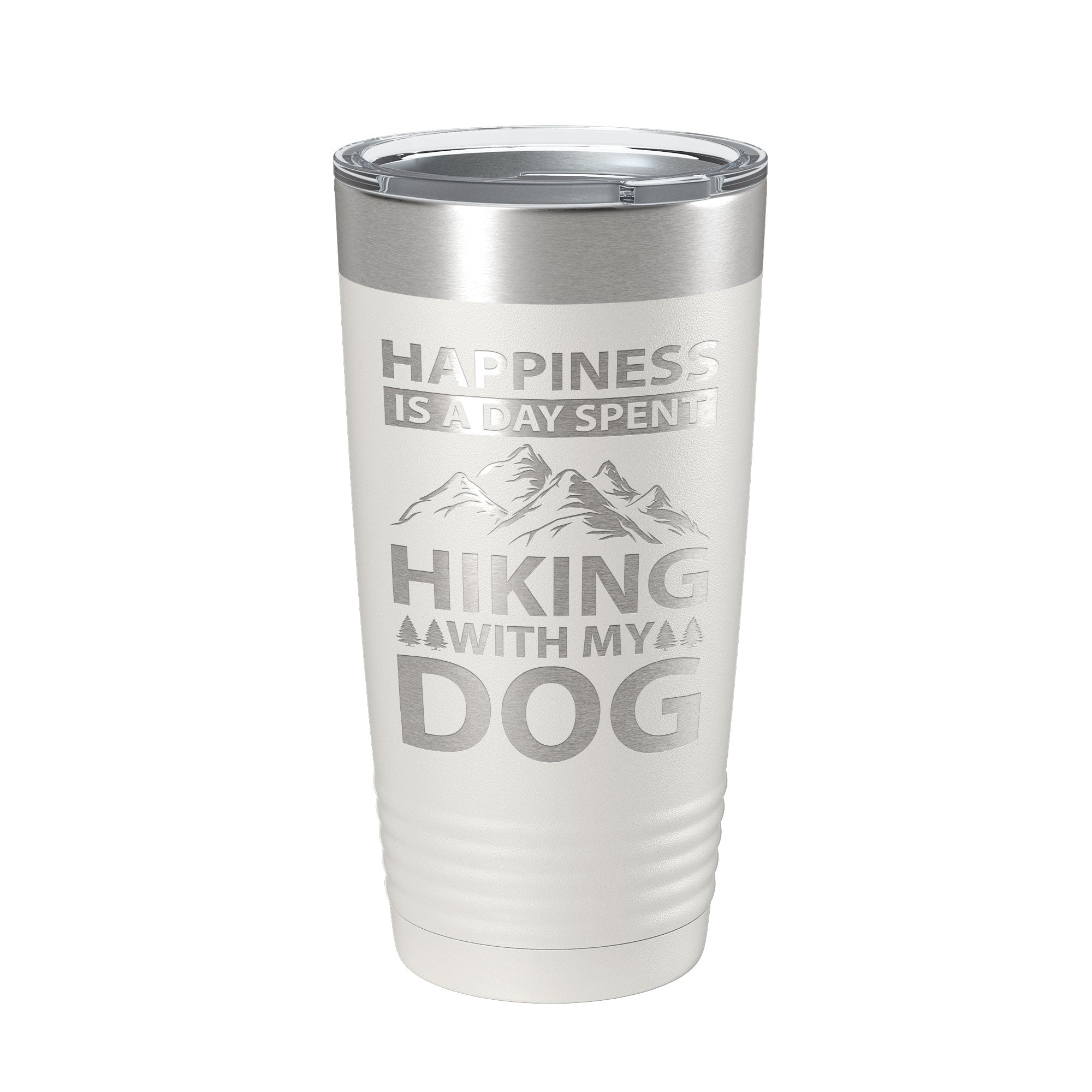 Dog lover 20oz stainless steel travel tumbler with laser engraved hiking quote and clear lid — view 2