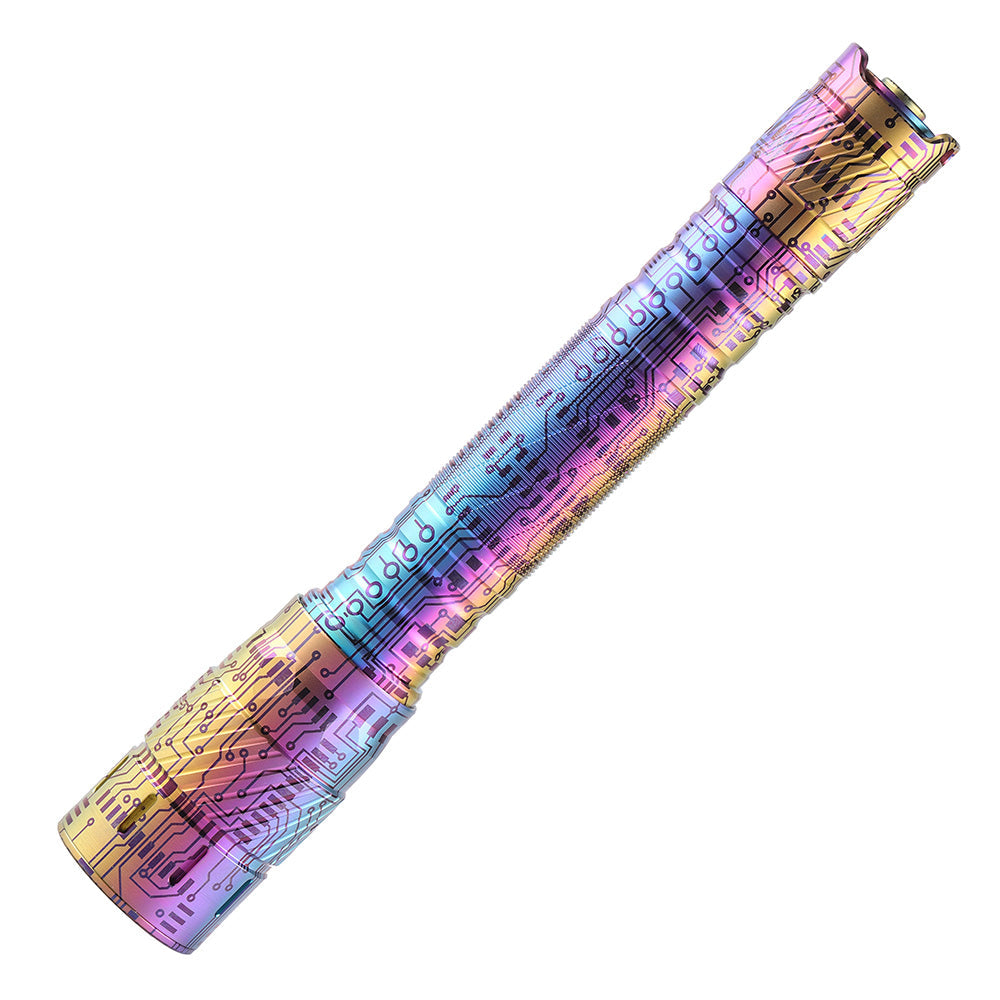 Metallic Convoy T4 Titanium EDC Flashlight showing orange peel reflector and tail switch — view 3