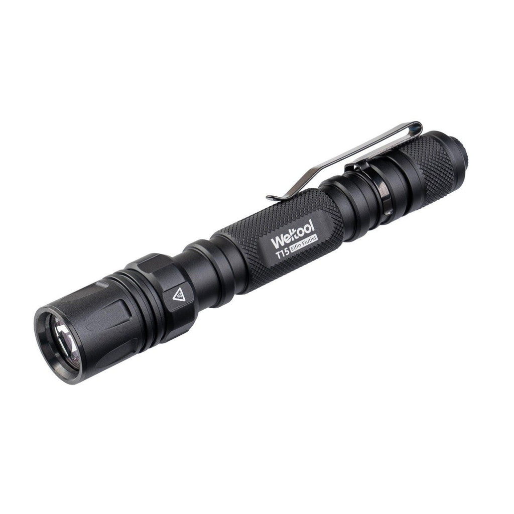 Black aluminum LED tactical penlight with a sturdy stainless steel pocket clip