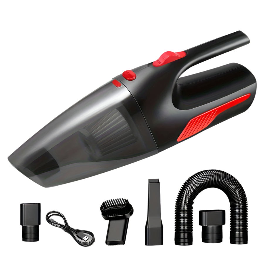 Black cordless handheld vacuum cleaner with crevice tool attachment for home and car cleaning