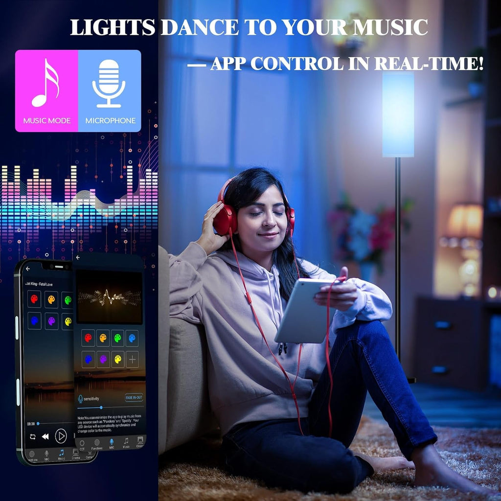 Tall smart LED floor lamp with black pole, white shade, and RGB color changing ambient light — view 5