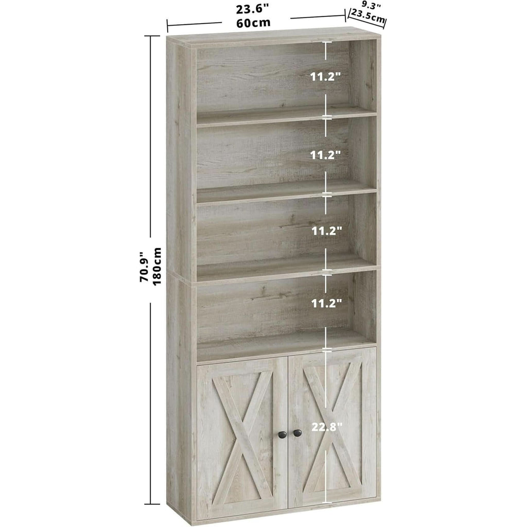 Tall 70-inch industrial bookcase in beige maple with six shelves and farmhouse style lower cabinet doors — view 3