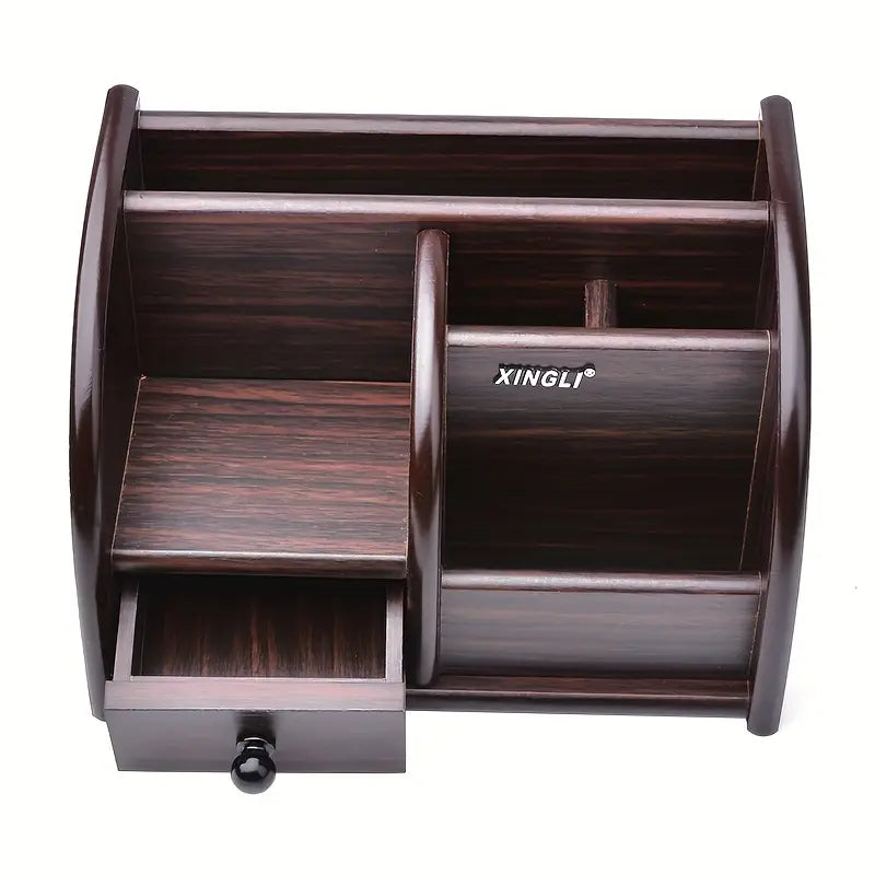 Wooden desk file organizer in dark brown finish with a drawer, document slots, and pen holder