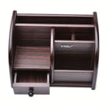 Wooden desk file organizer in dark brown finish with a drawer, document slots, and pen holder