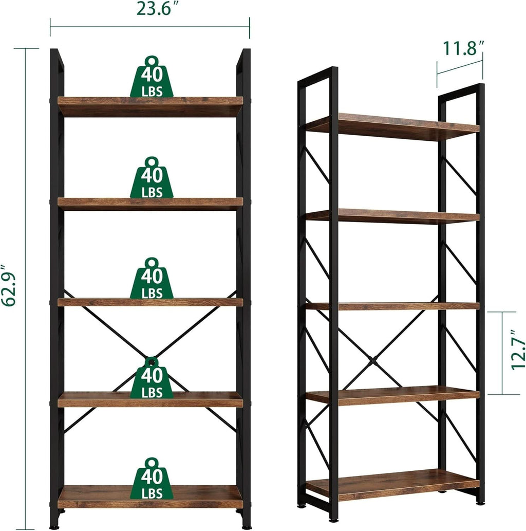 Tall 5 tier rustic brown bookshelf with black metal frame and decorative items on shelves — view 2