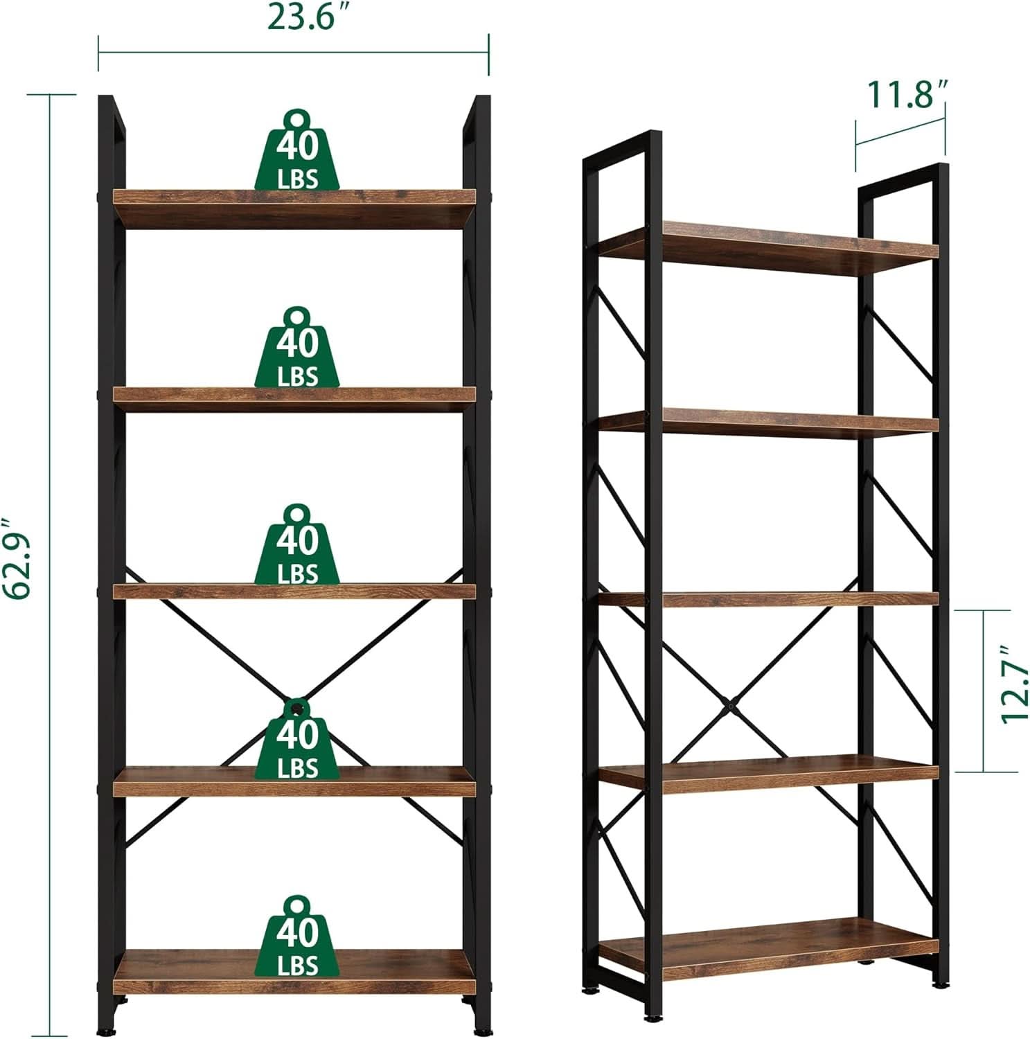 Tall 5 tier rustic brown bookshelf with black metal frame and decorative items on shelves — view 2