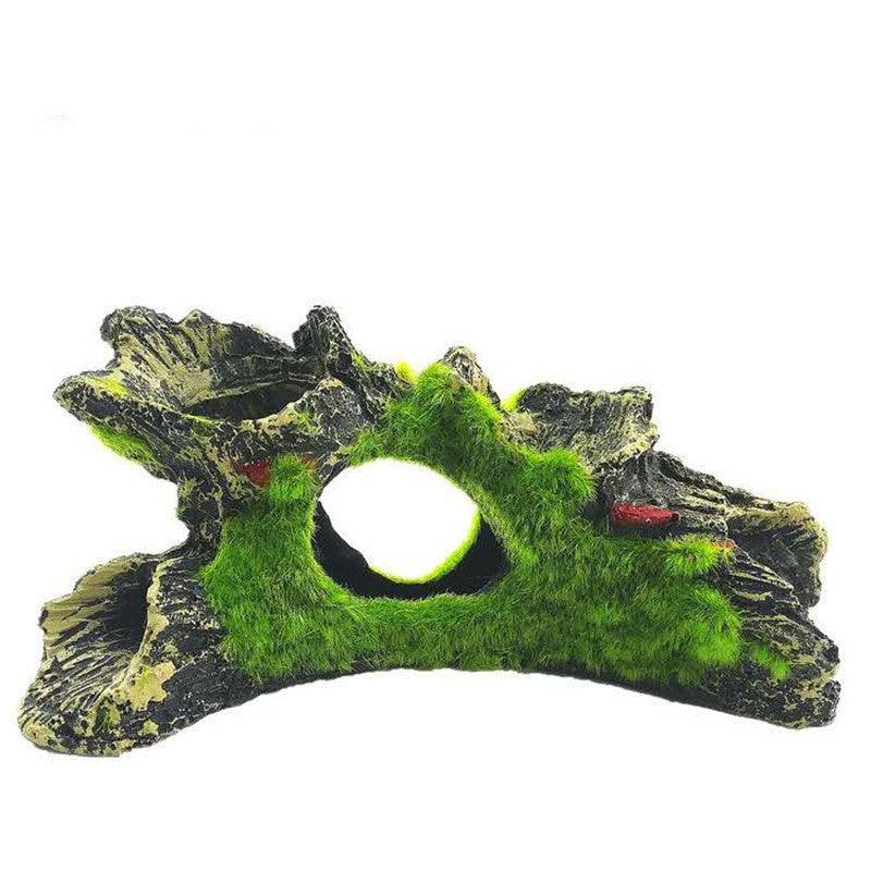 Resin sink wood aquarium decoration with tree hole design and green flocking details for fish tanks — view 5