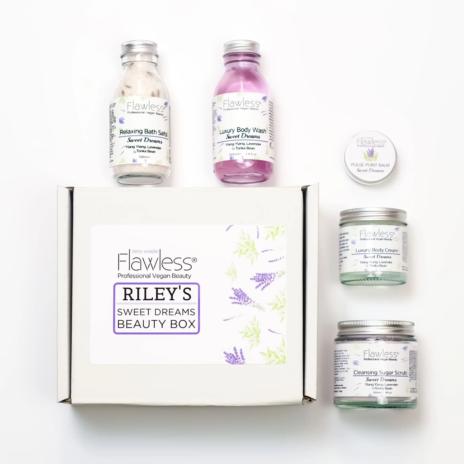 Sweet Dreams beauty gift set with five plastic-free lavender and tonka bean vegan skincare products — view 4