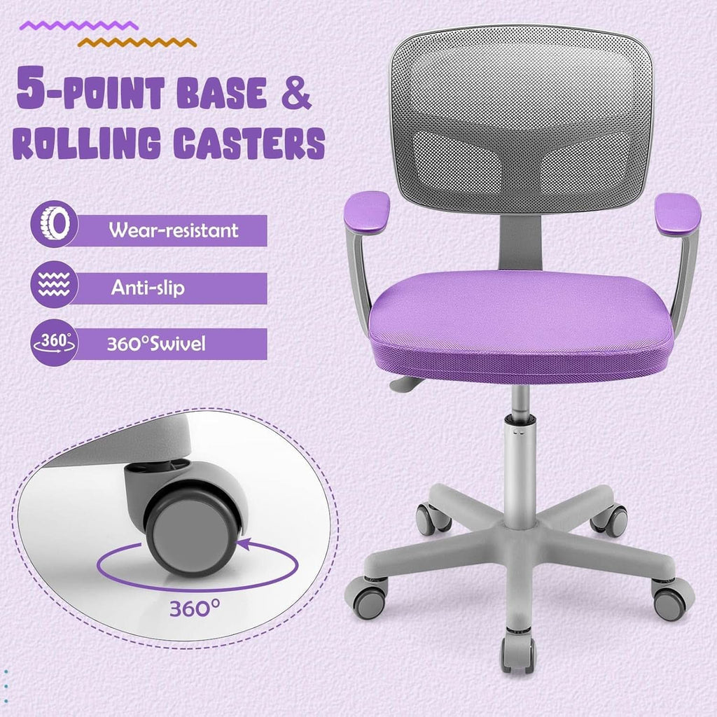 Violet ergonomic kids desk chair with breathable mesh back, armrests, and rolling casters. — view 4