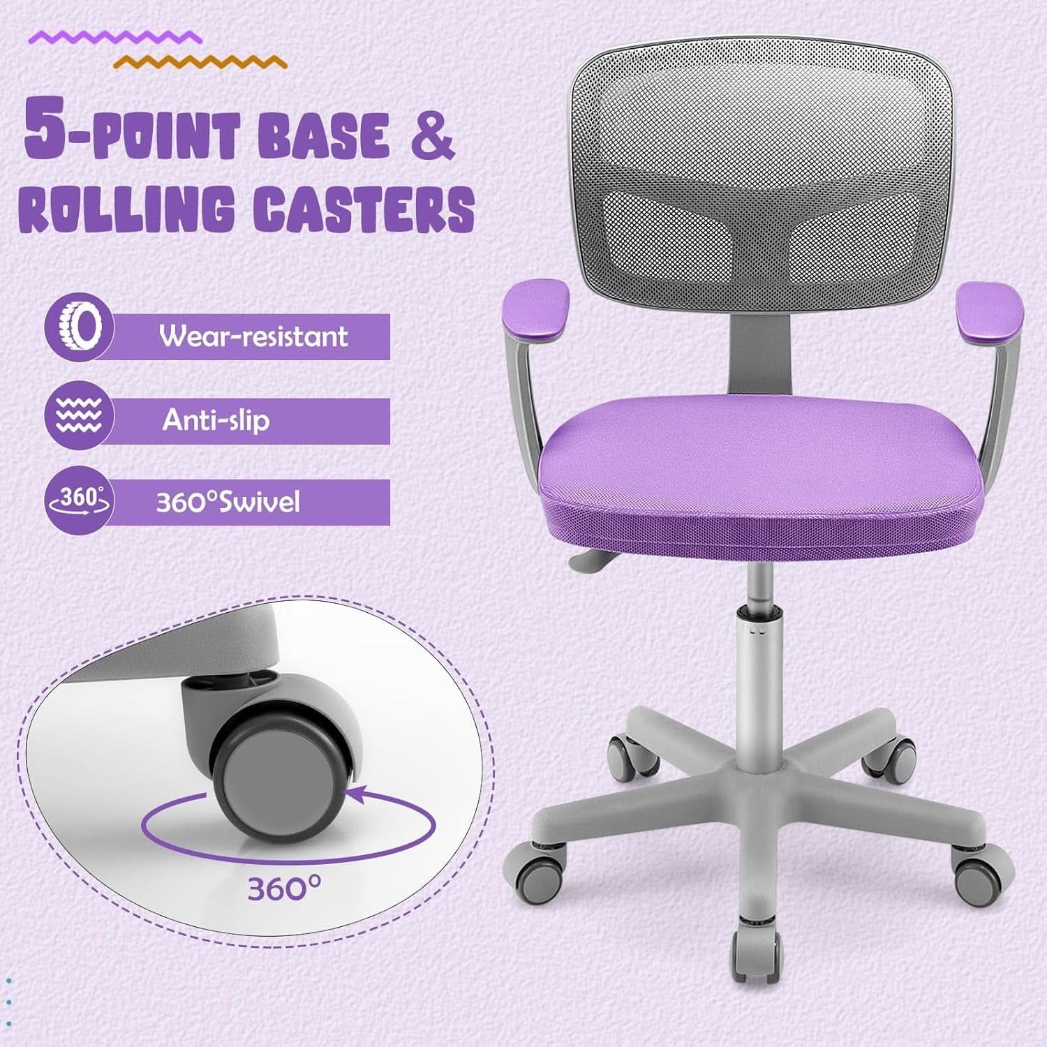 Violet ergonomic kids desk chair with breathable mesh back, armrests, and rolling casters. — view 4