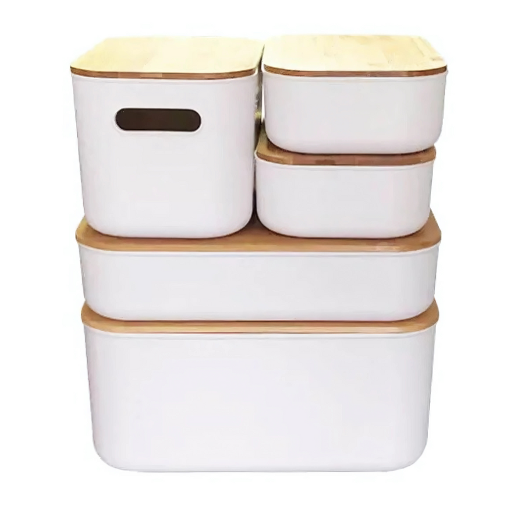 Plastic and bamboo storage container in off-white with natural wood lid and side handles