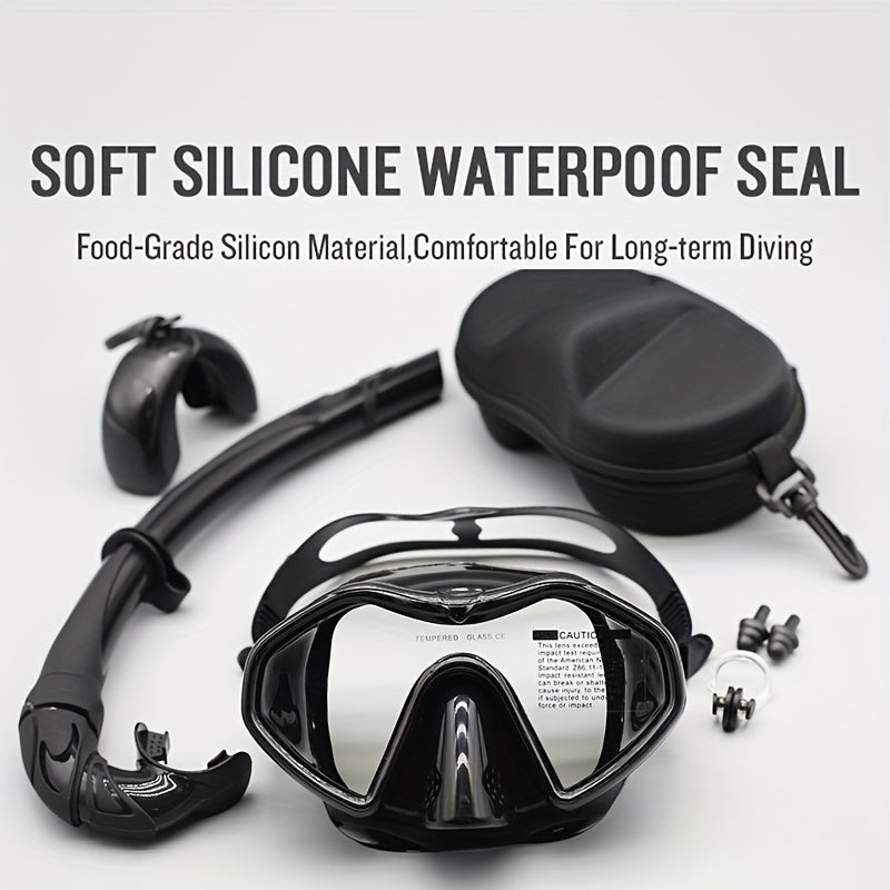 Black adult snorkel set with tempered glass mask, dry tube, and convenient storage box — view 2