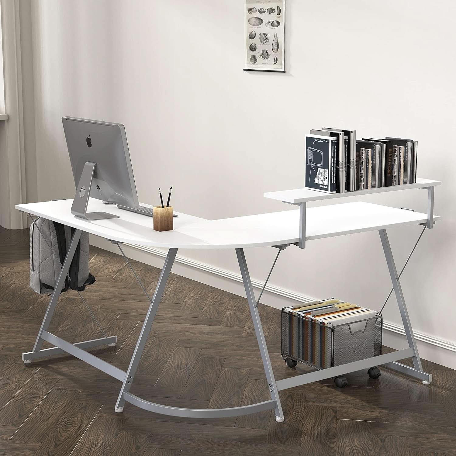 White Vista L-shape corner desk with monitor stand, sliding drawer, and Z-shaped steel frame — view 4